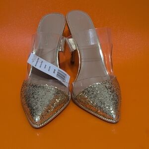 BCBGeneration Gold Sequin Pointed Mules with Clear Strap